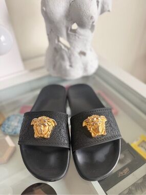 VERSACE Black Slides with Gold Medusa Emblem